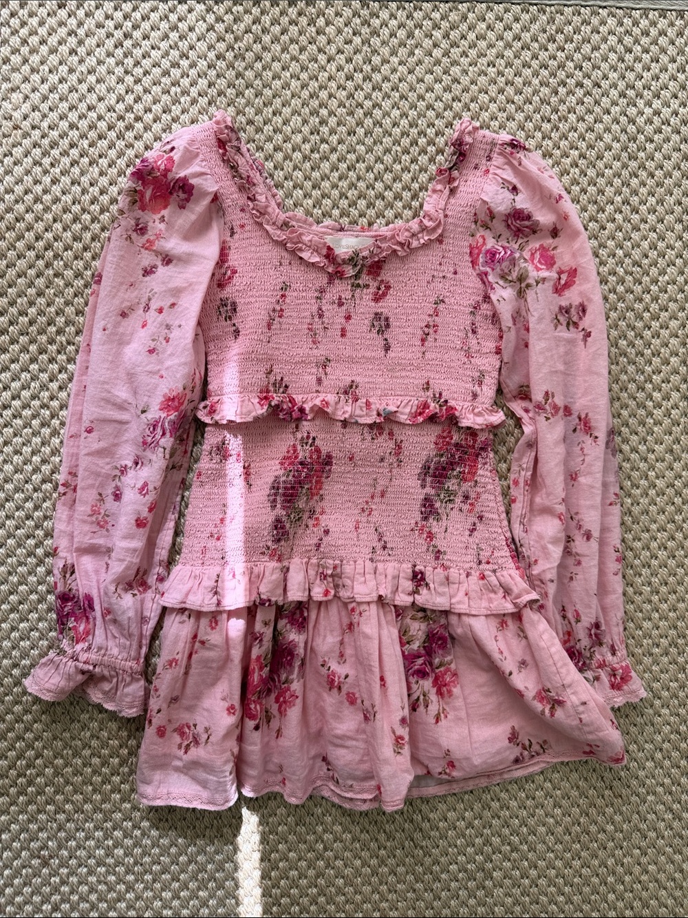 LoveShackFancy Pink Floral Long-Sleeve Smocked Dress